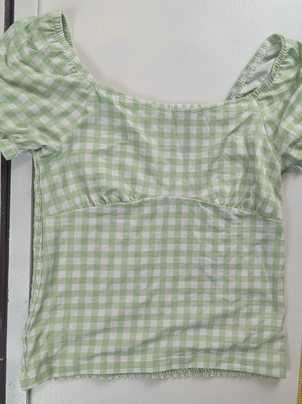 Girls' Light Green Gingham Square Neck Top